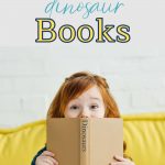 Pin: 19 imaginative dinosaur books, with an image of a little girl reading a book about dinosaurs