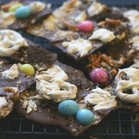 Close up of chocolate dinosaur bark shards on a wire rack