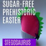 Pin: For a sugar-free prehistoric Easter: Stegosaurus egg cosy, with the image of our pink DIY dinosaur egg cosy with green back plates and purple tail spikes