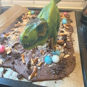 Making dinosaur footprints with T-Rex for our chocolate dinosaur bark