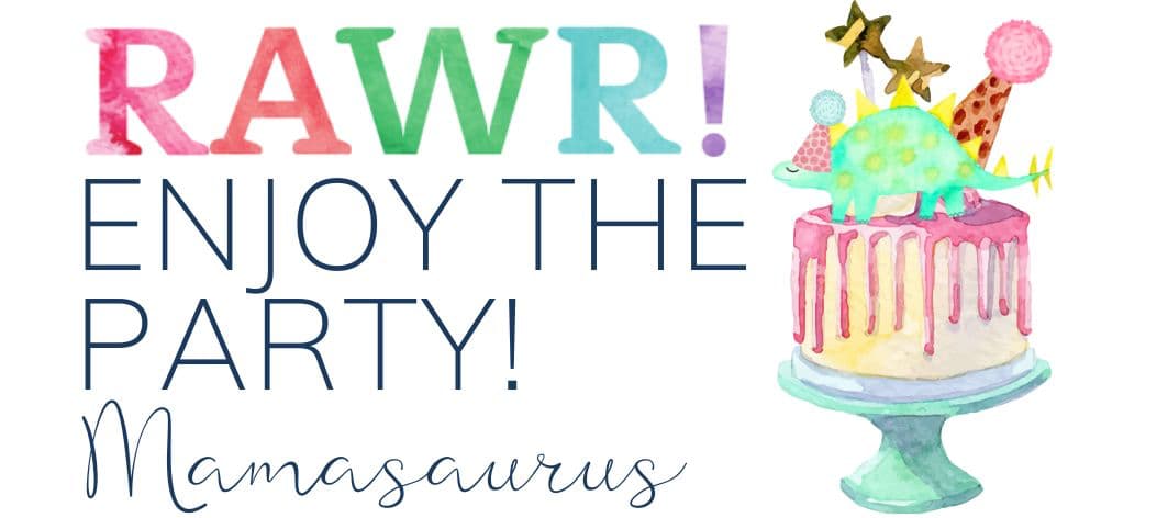 RAWR! Enjoy the party sign-off with a stegosaurus in a party hat on top of a cake on a cake stand