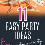 Pin: 11 easy party ideas for a dinosaur party on a budget, with an image of a gold dinosaur eating a birthday cake on an orange background