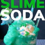Prehistoric Slime Soda: pin with an image of our green (s)lime and lemonade float with a dinosaur swizzle stick and dinosaur sprinkles