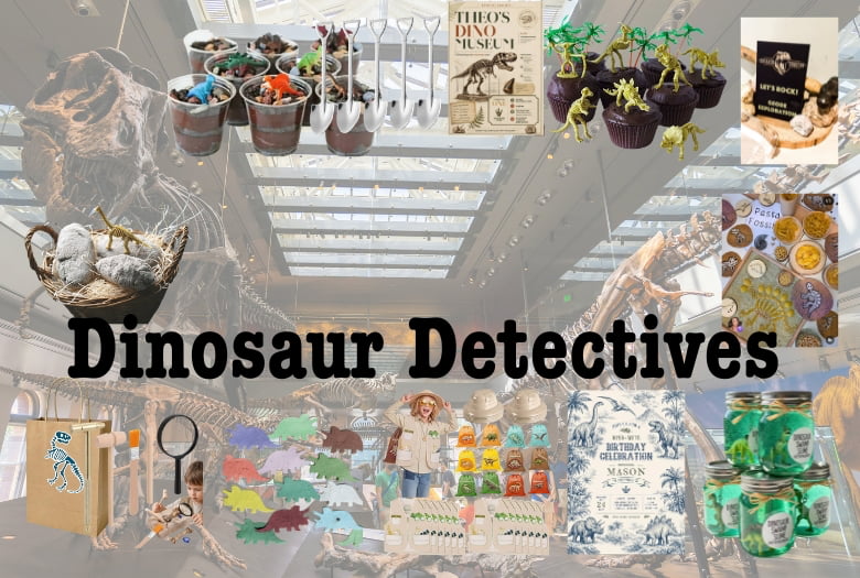 If you have a dinosaur museum or park near you, this dinosaur party theme idea is perfect for your budding palaeontologist. Check out the caption for links to the things shown in the image.