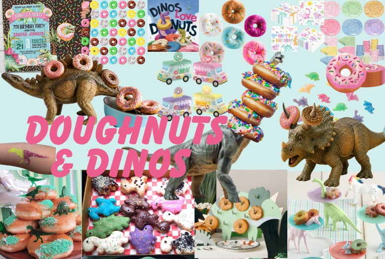 Collage of ideas for a Doughnuts and Dinos party theme. See the caption for the links.