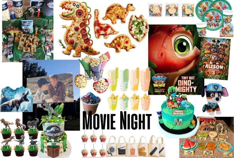 Movie Night Dinosaur Party Theme idea. For more details and links, see the caption.