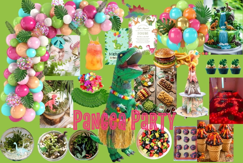 "Tropical" is one of the hottest birthday themes at the moment. Turn it into a Pangea party with just a few dinosaur elements. Check out the caption for more information.