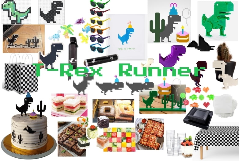 Do you remember the iconic T. rex game that would appear when google was not working? This dinosaur party theme idea turns the game into the perfect party. Check out the caption for links to the goods shown in the collage.