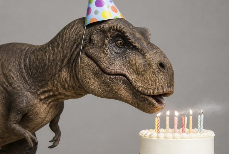 A T.rex in a party hat about to blow out the candles on a cake. A dinosaur birthday party would not be a dinosaur birthday party without dinosaurs - and cake. We've got 15 dinosaurs party theme ideas for parties that have both!