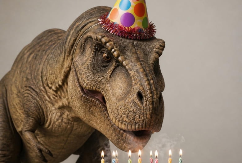 T.rex in a spotted party hat blowing out candles on a birthday cake. Because whatever dinosaur party theme idea you choose, there will be dinosaurs and there will probably be birthday cake and candles to blow out.
