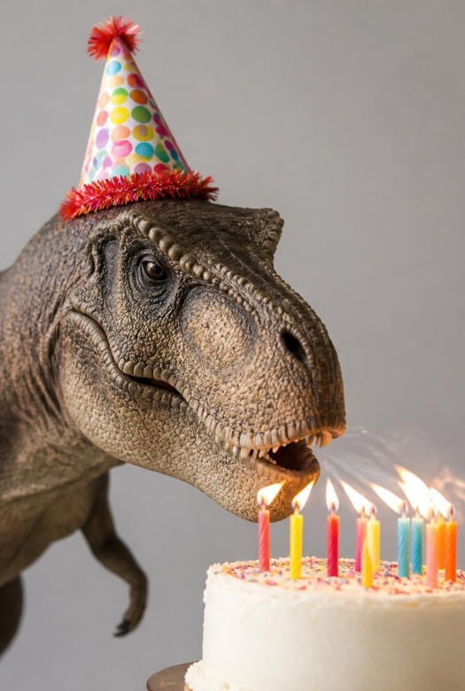 T. rex wearing a spotted party hat, trying to blow out the candles on a birthday cake. We've got 15 dinosaur party themes and how to make each one work.